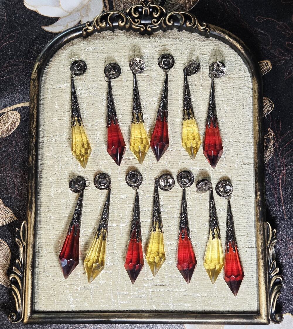 Vintage Faux Crystals 3-1/2" Accent Pins Silver Red & Gold Gothic Dangling